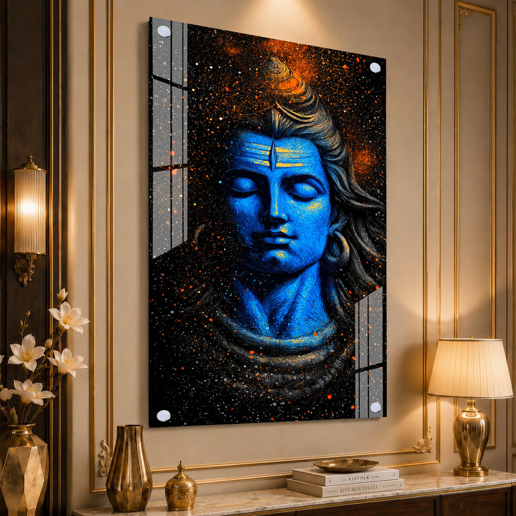 Lord Shiva Abstract Blue Portrait Acrylic Wall Painting for Living Room Spiritual Decor