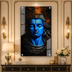 Lord Shiva Abstract Blue Portrait Acrylic Wall Painting for Living Room Spiritual Decor