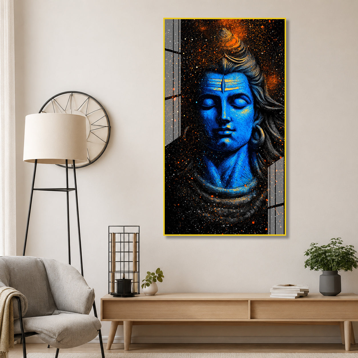 Lord Shiva Abstract Blue Portrait Acrylic Wall Painting for Living Room Spiritual Decor