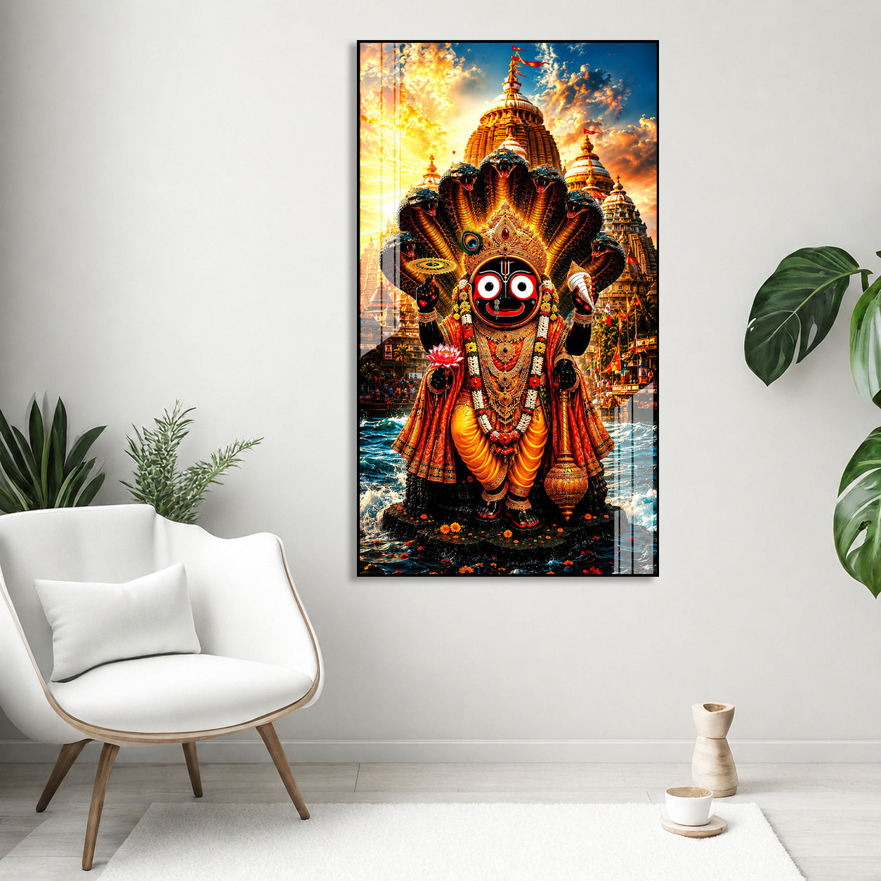 Divine Lord Jagannath Acrylic Painting with Sheshnag and Temple Background Wall Frame