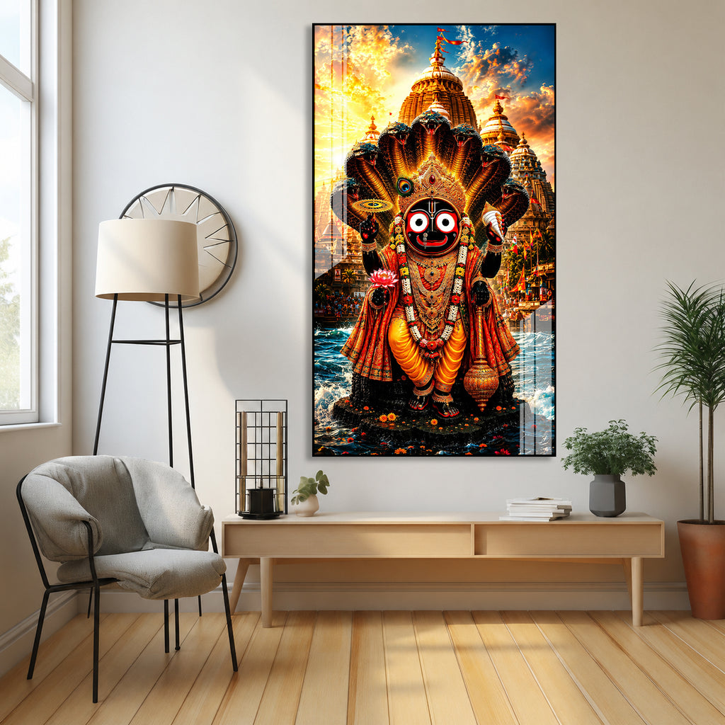 Divine Lord Jagannath Acrylic Painting with Sheshnag and Temple Background Wall Frame