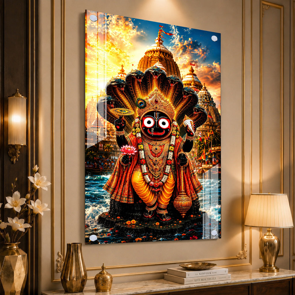 Divine Lord Jagannath Acrylic Painting with Sheshnag and Temple Background Wall Frame