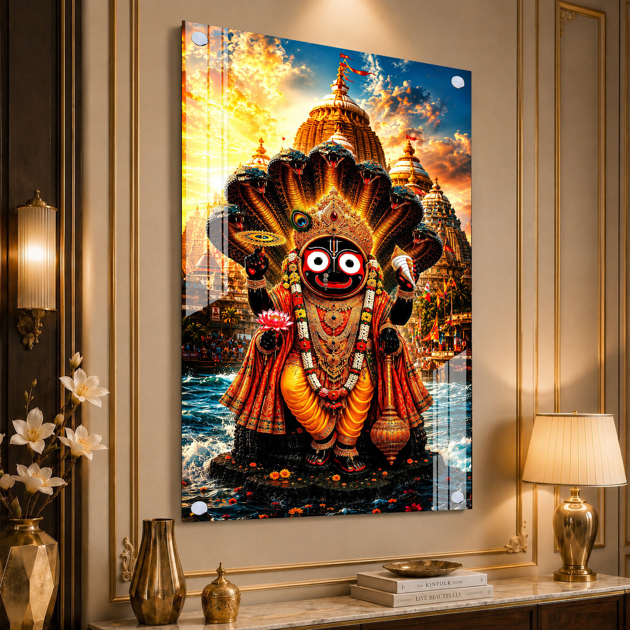 Divine Lord Jagannath Acrylic Painting with Sheshnag and Temple Background Wall Frame