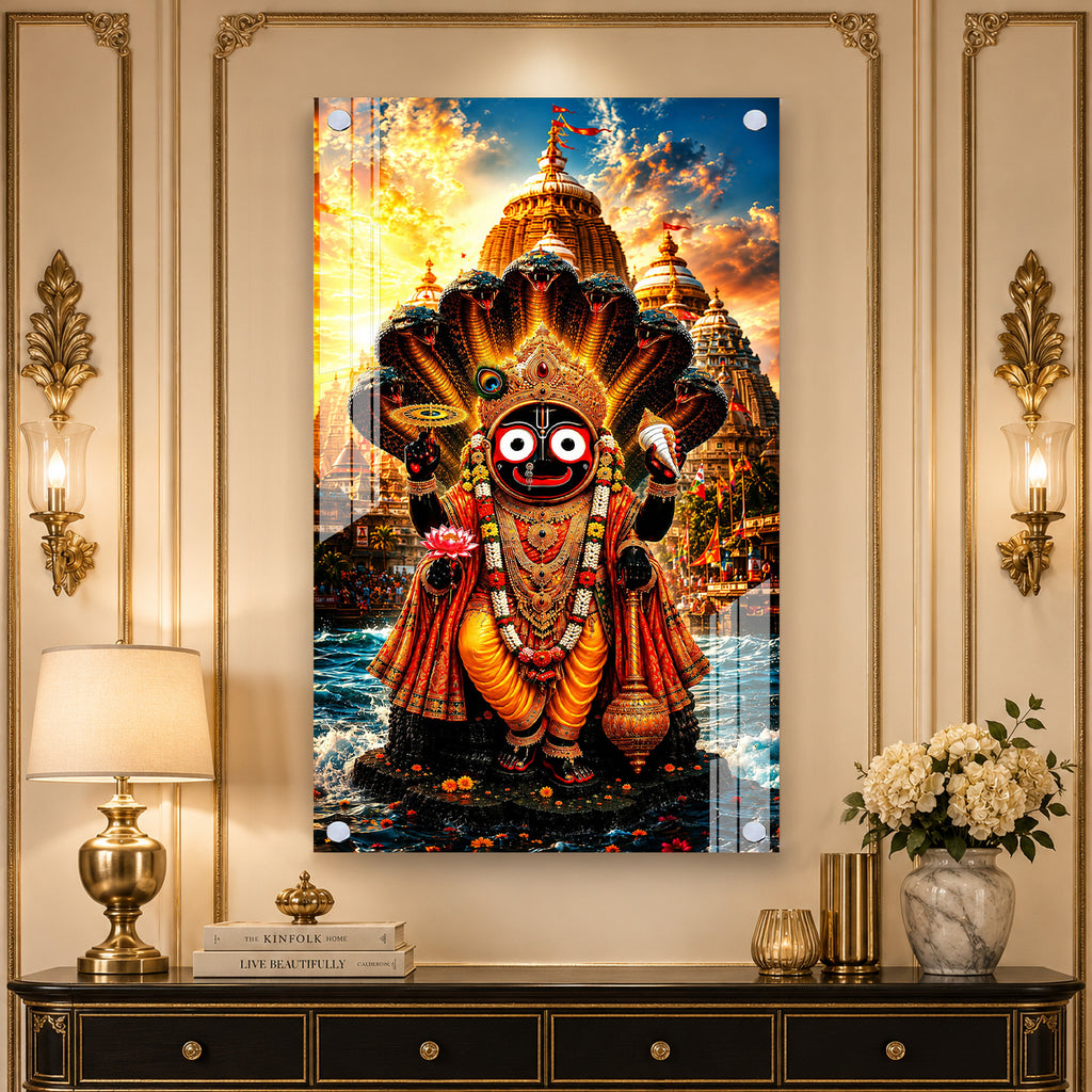 Divine Lord Jagannath Acrylic Painting with Sheshnag and Temple Background Wall Frame