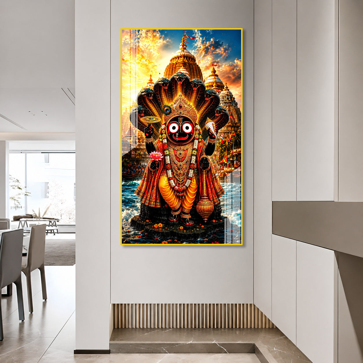 Divine Lord Jagannath Acrylic Painting with Sheshnag and Temple Background Wall Frame