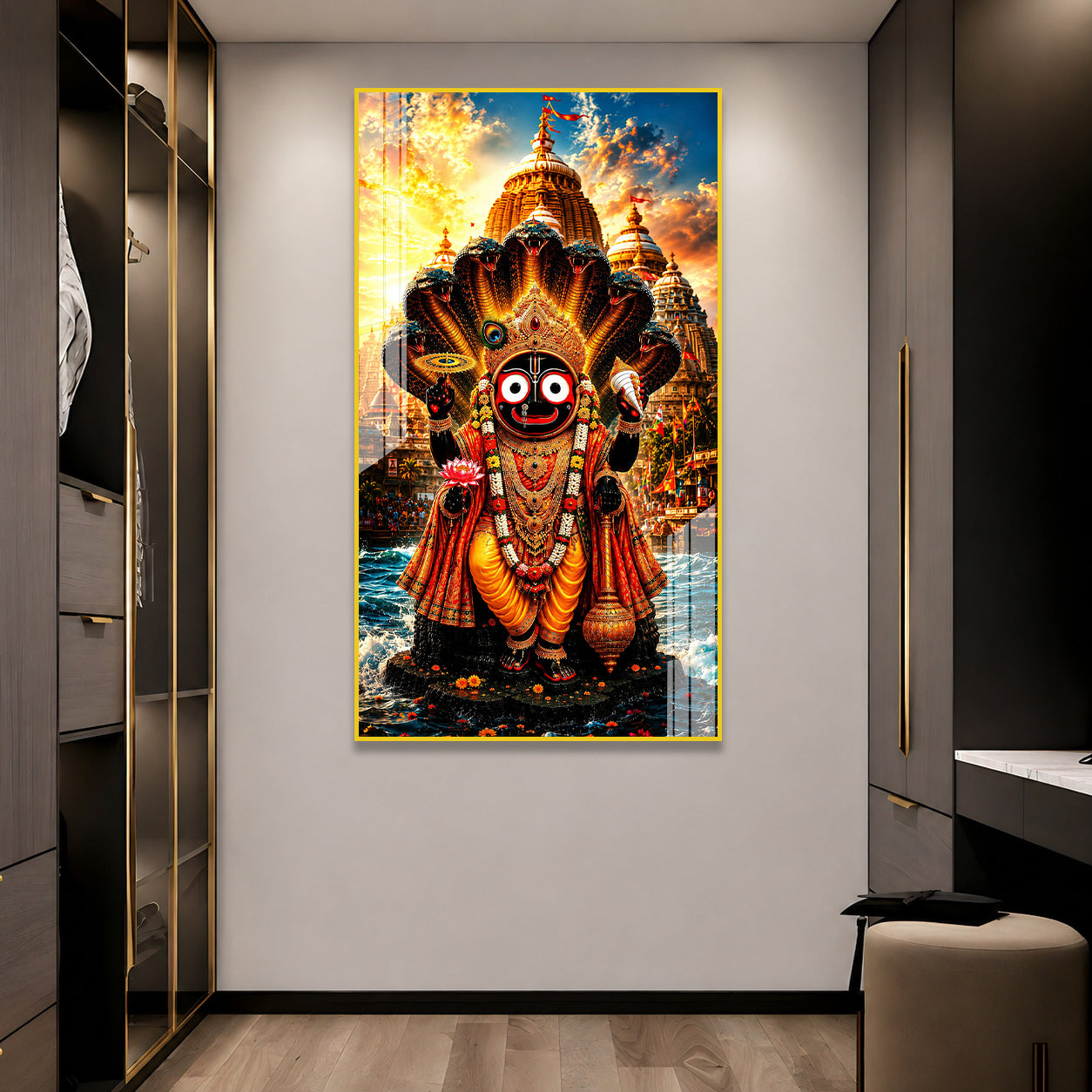 Divine Lord Jagannath Acrylic Painting with Sheshnag and Temple Background Wall Frame