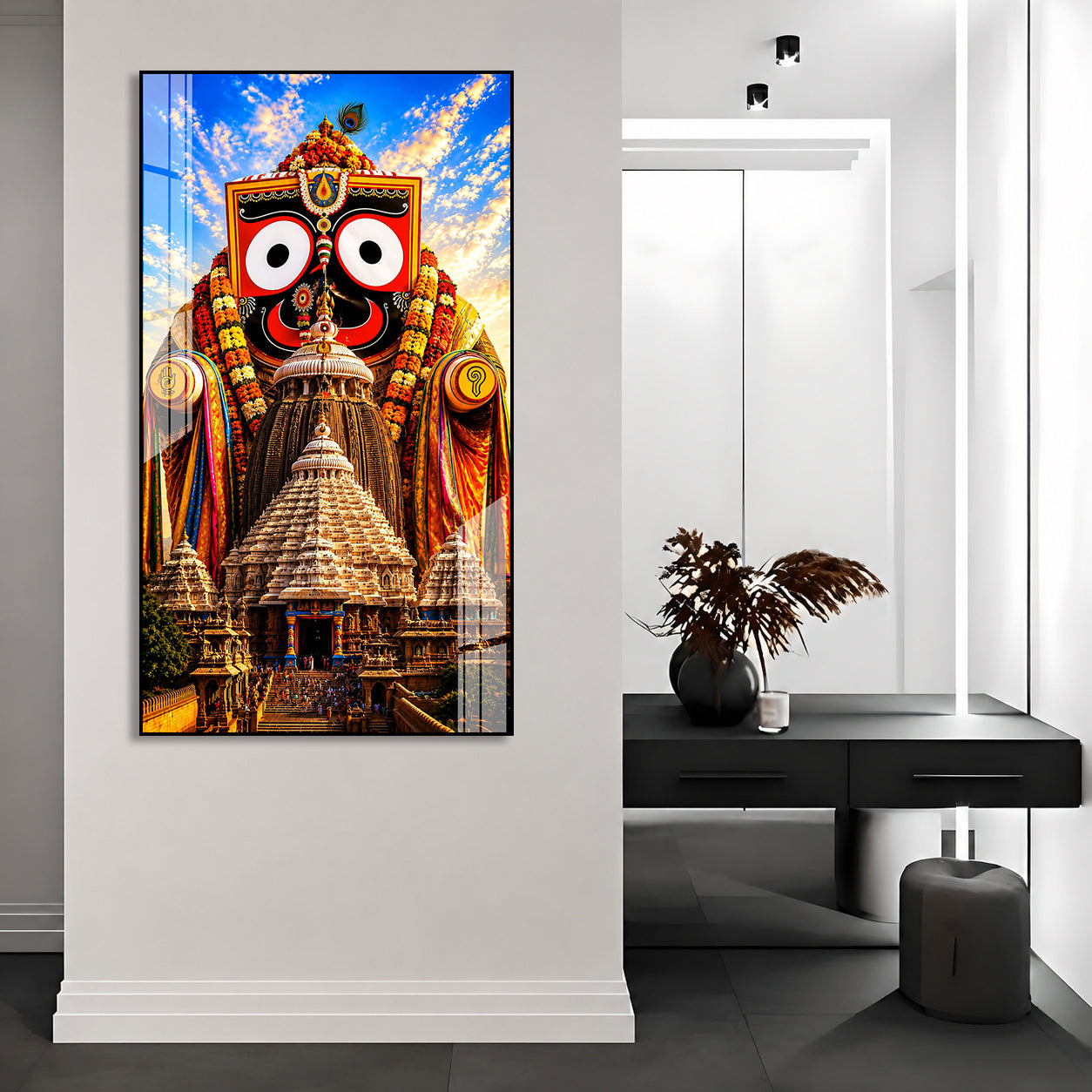 Divine Jagannath Swamy Acrylic Wall Decor with Sacred Puri Temple Background