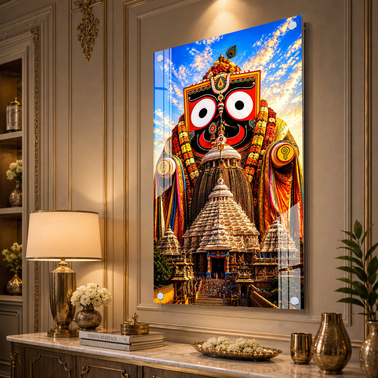 Divine Jagannath Swamy Acrylic Wall Decor with Sacred Puri Temple Background