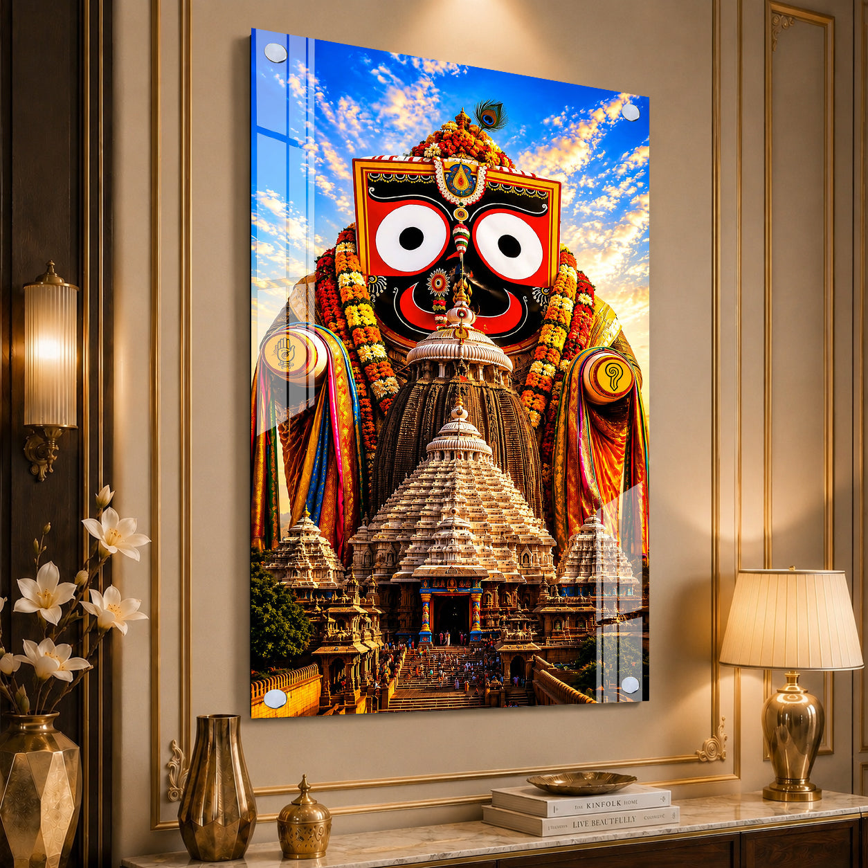 Divine Jagannath Swamy Acrylic Wall Decor with Sacred Puri Temple Background