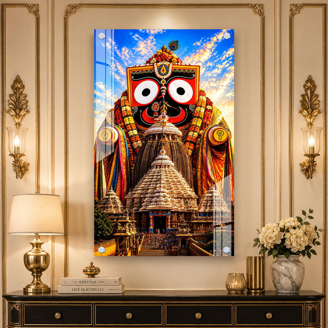 Divine Jagannath Swamy Acrylic Wall Decor with Sacred Puri Temple Background