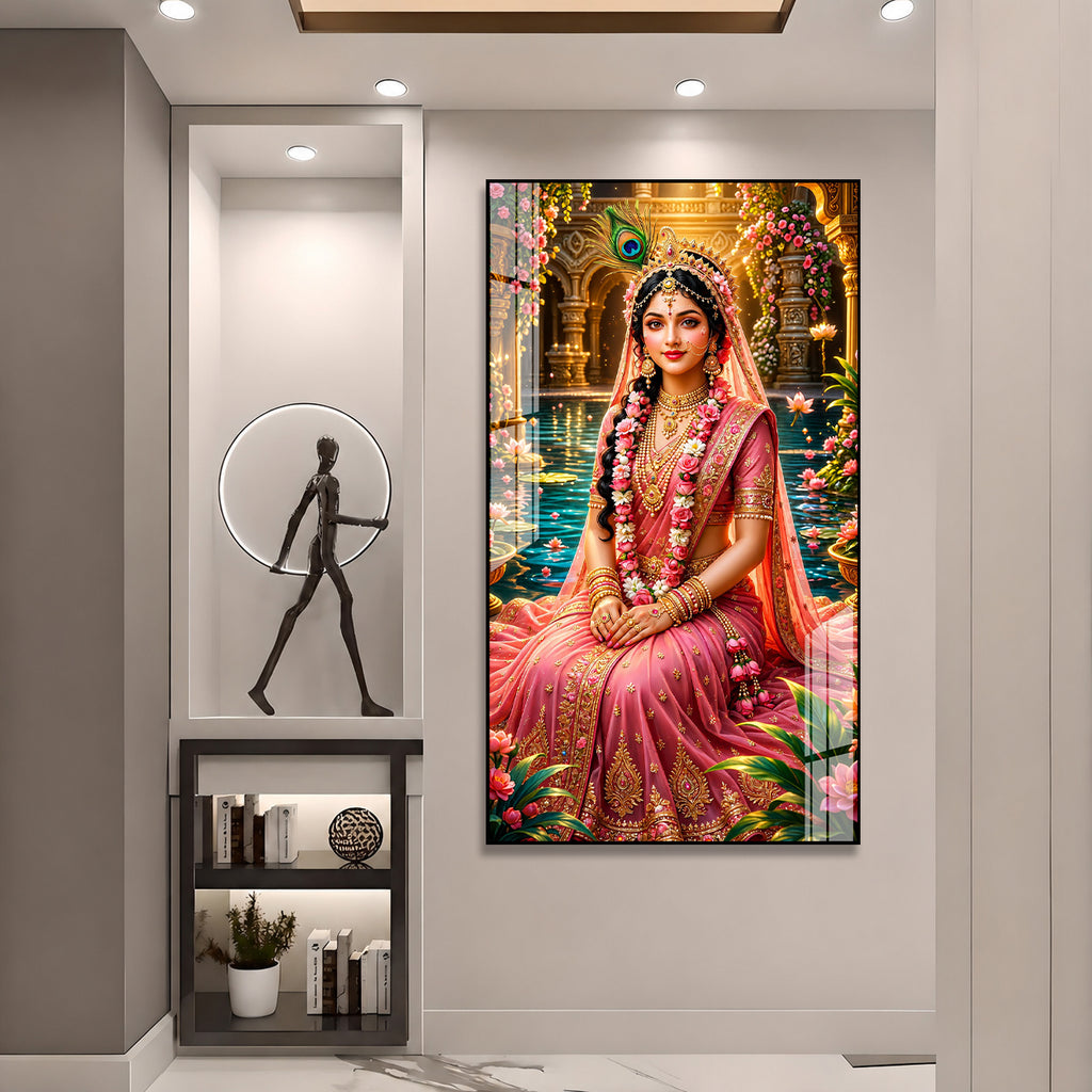 Elegant Radha Rani Acrylic Wall Art with Lotus Pond and Temple Garden Background