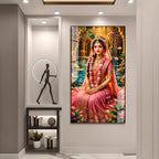 Elegant Radha Rani Acrylic Wall Art with Lotus Pond and Temple Garden Background