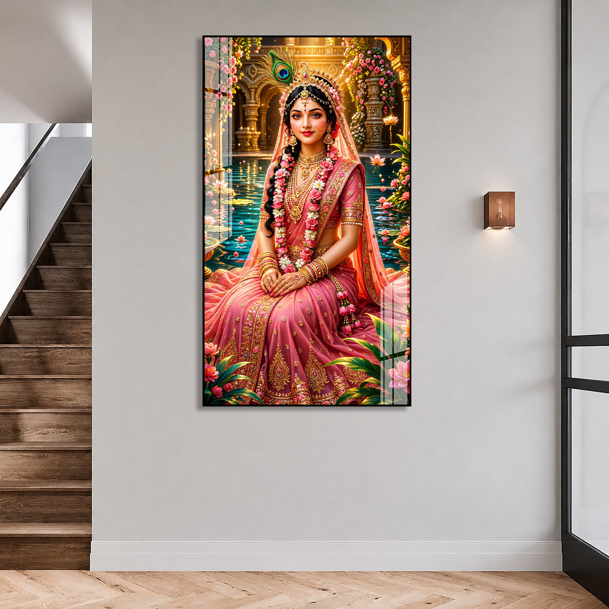 Elegant Radha Rani Acrylic Wall Art with Lotus Pond and Temple Garden Background