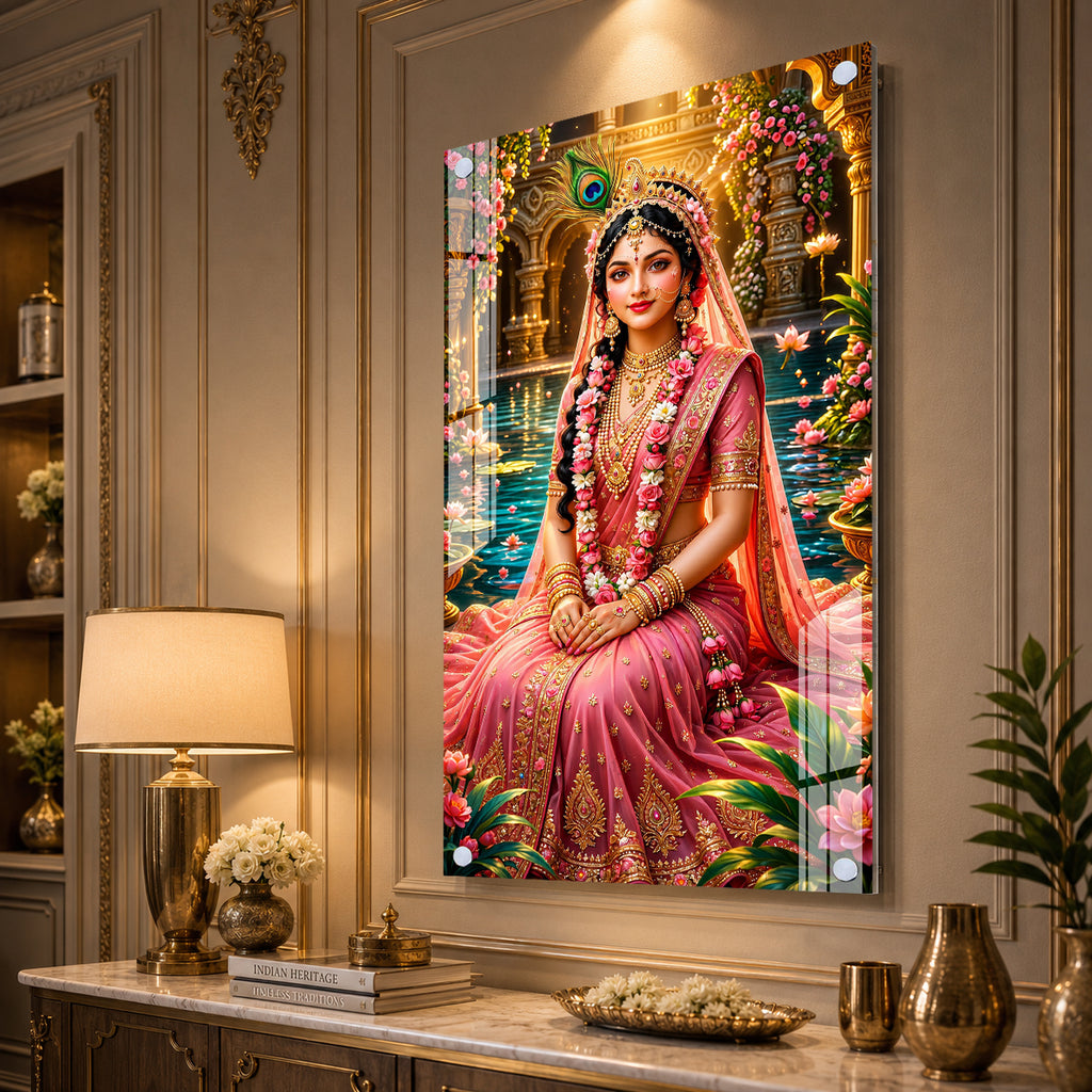 Elegant Radha Rani Acrylic Wall Art with Lotus Pond and Temple Garden Background
