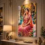 Elegant Radha Rani Acrylic Wall Art with Lotus Pond and Temple Garden Background