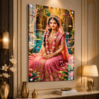 Elegant Radha Rani Acrylic Wall Art with Lotus Pond and Temple Garden Background