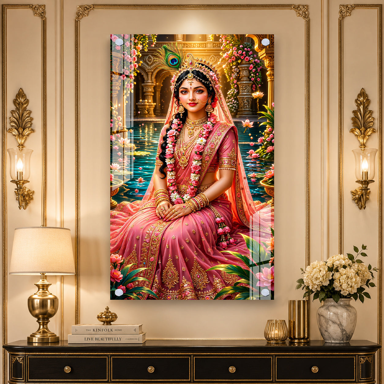 Elegant Radha Rani Acrylic Wall Art with Lotus Pond and Temple Garden Background