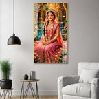 Elegant Radha Rani Acrylic Wall Art with Lotus Pond and Temple Garden Background