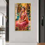 Elegant Radha Rani Acrylic Wall Art with Lotus Pond and Temple Garden Background