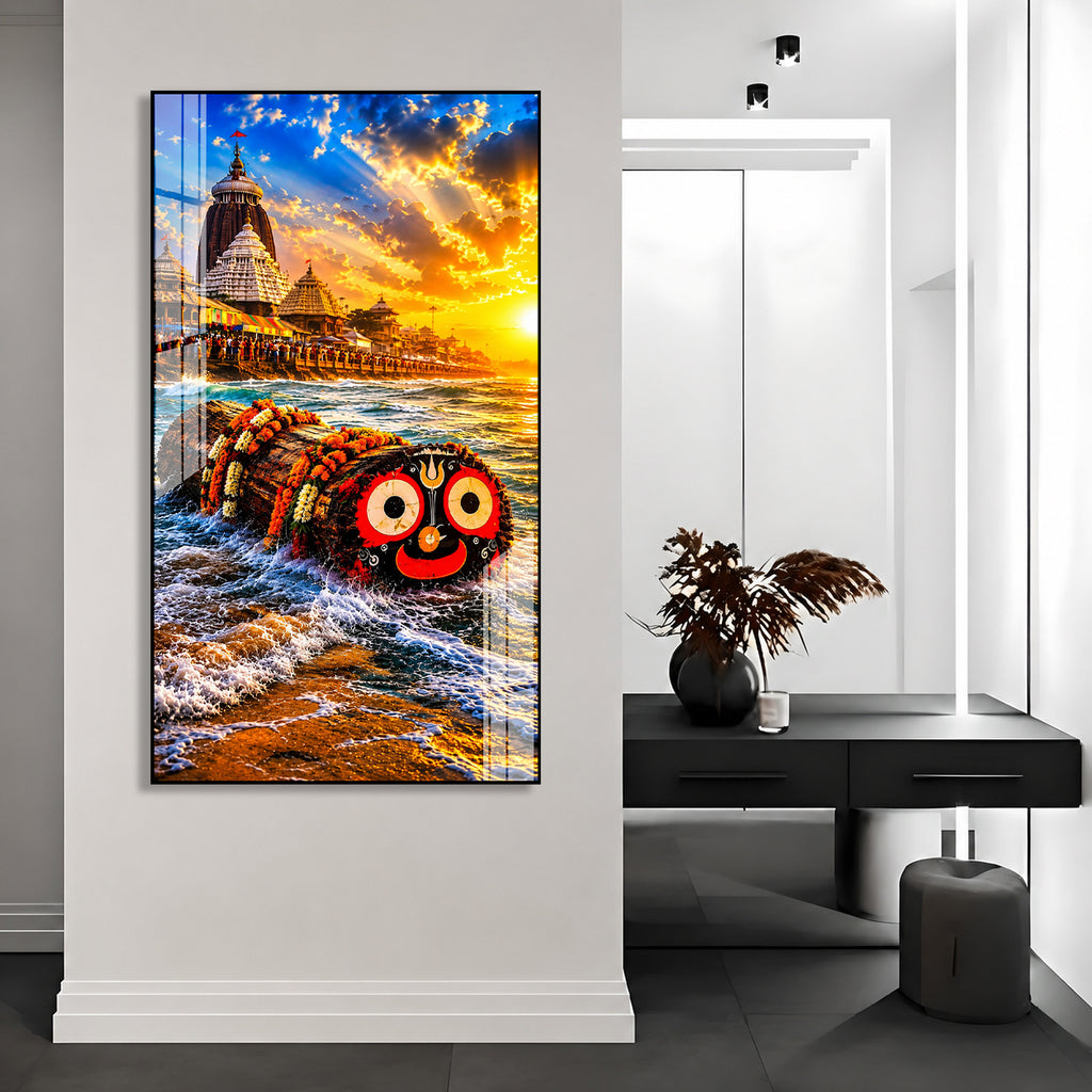 Premium Lord Jagannath Acrylic Painting Featuring Puri Temple and Ocean Waves Wall Art