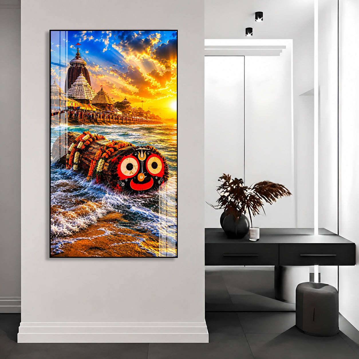 Premium Lord Jagannath Acrylic Painting Featuring Puri Temple and Ocean Waves Wall Art