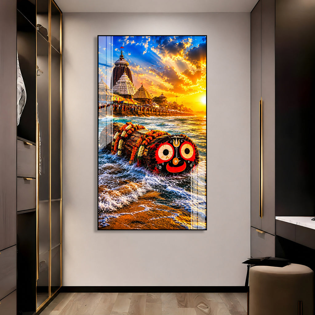 Premium Lord Jagannath Acrylic Painting Featuring Puri Temple and Ocean Waves Wall Art