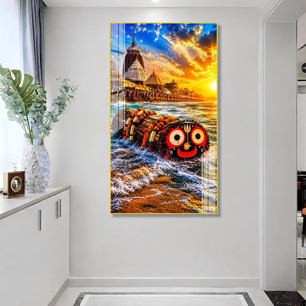 Premium Lord Jagannath Acrylic Painting Featuring Puri Temple and Ocean Waves Wall Art
