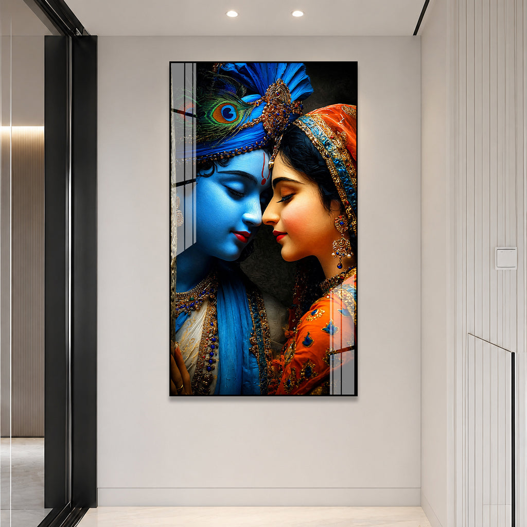 Romantic Radha Krishna Divine Couple Religious Acrylic Painting for Temple Home Wall Decoration