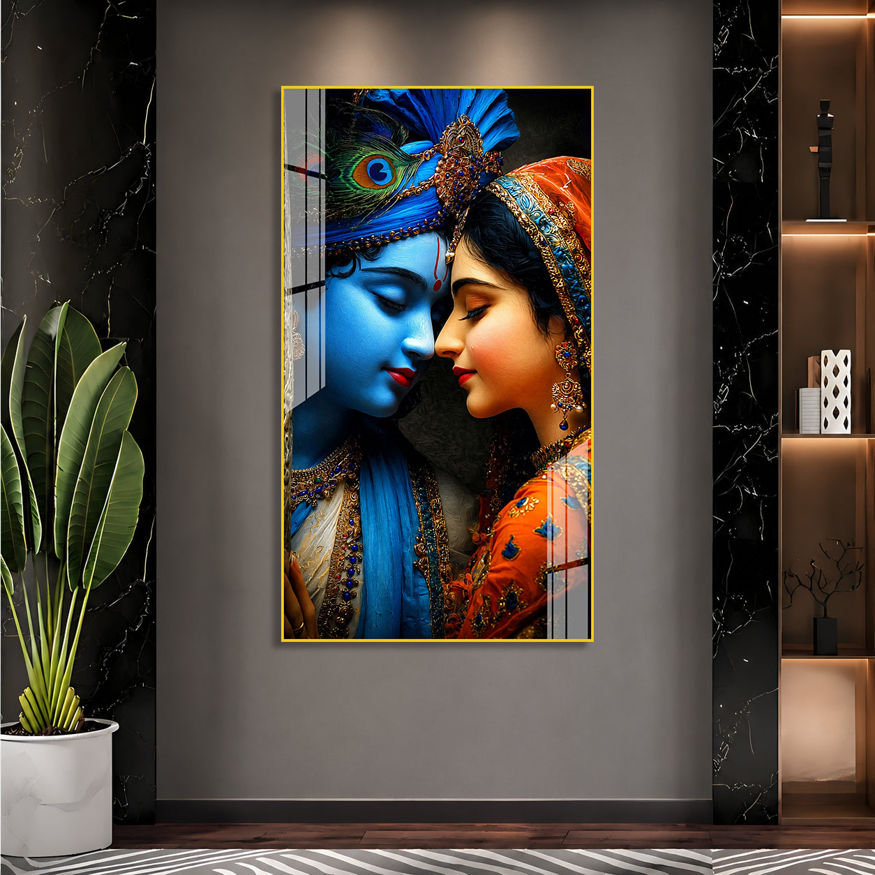 Romantic Radha Krishna Divine Couple Religious Acrylic Painting for Temple Home Wall Decoration