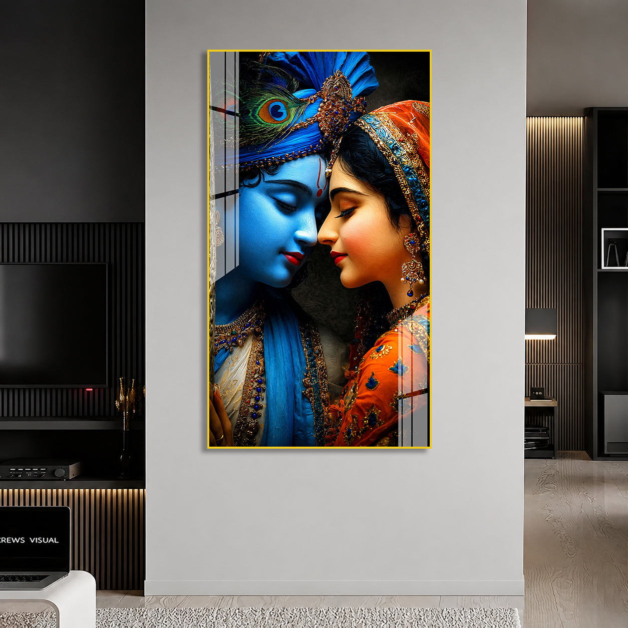 Romantic Radha Krishna Divine Couple Religious Acrylic Painting for Temple Home Wall Decoration