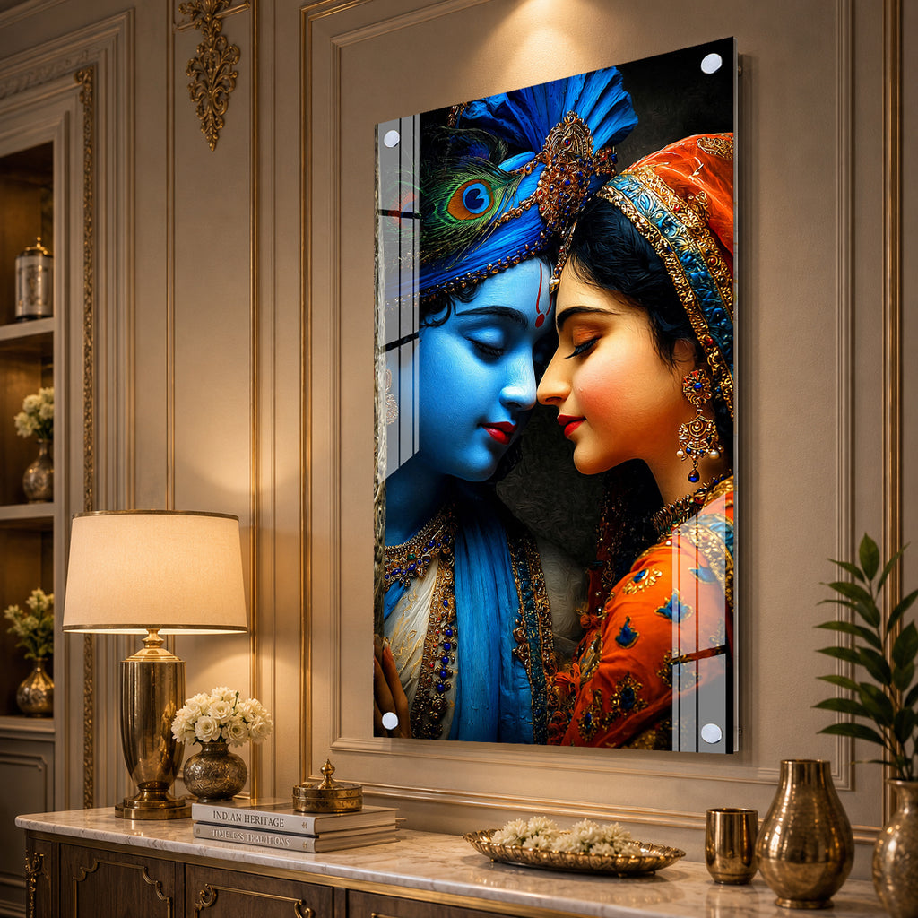 Romantic Radha Krishna Divine Couple Religious Acrylic Painting for Temple Home Wall Decoration