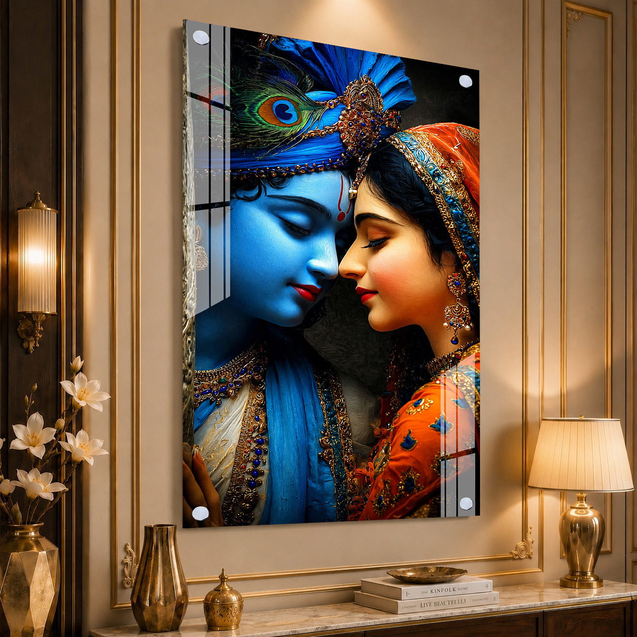 Romantic Radha Krishna Divine Couple Religious Acrylic Painting for Temple Home Wall Decoration