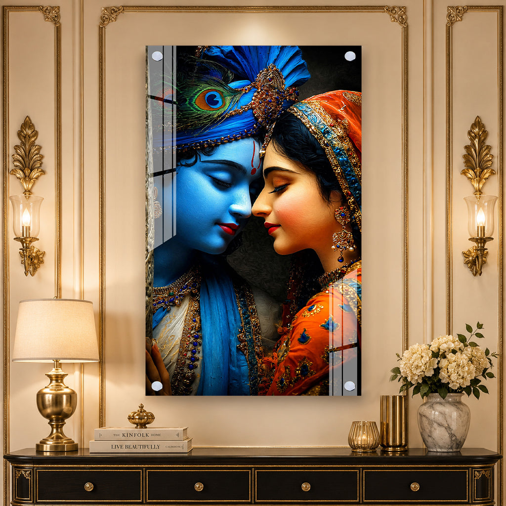 Romantic Radha Krishna Divine Couple Religious Acrylic Painting for Temple Home Wall Decoration