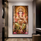 Lord Ganesha Temple Theme Acrylic Wall Painting for Pooja Room Decoration