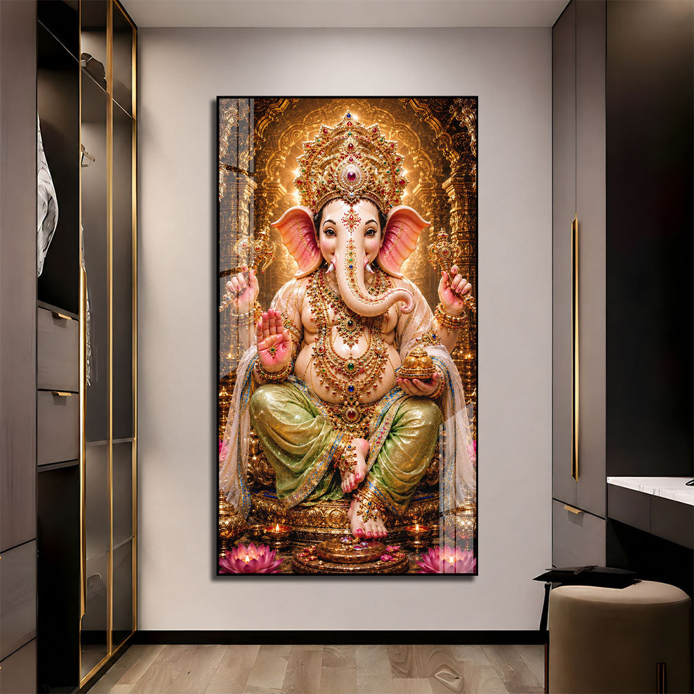 Lord Ganesha Temple Theme Acrylic Wall Painting for Pooja Room Decoration