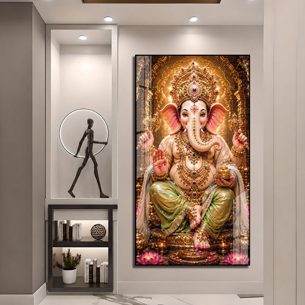 Lord Ganesha Temple Theme Acrylic Wall Painting for Pooja Room Decoration