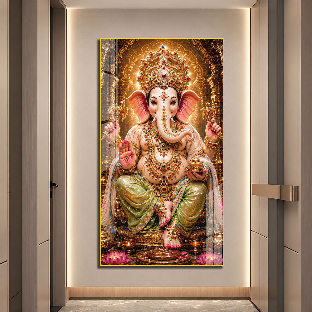 Lord Ganesha Temple Theme Acrylic Wall Painting for Pooja Room Decoration