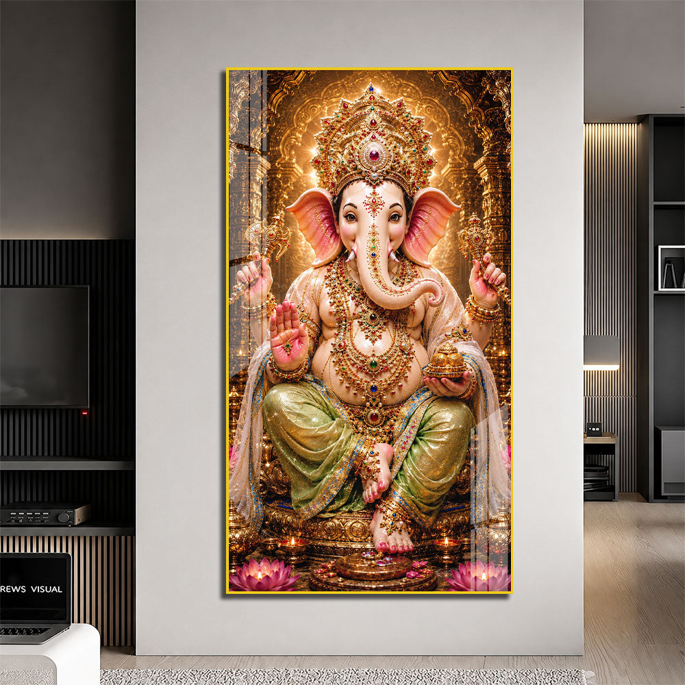Lord Ganesha Temple Theme Acrylic Wall Painting for Pooja Room Decoration