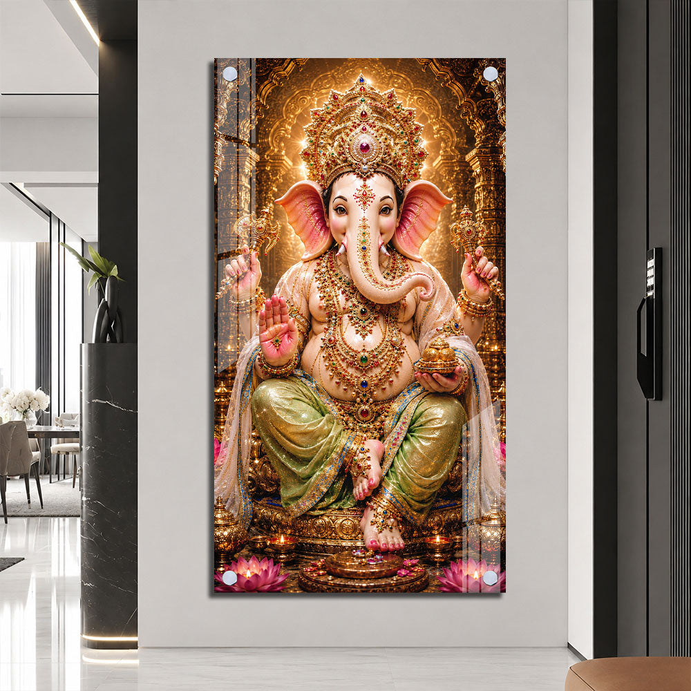 Lord Ganesha Temple Theme Acrylic Wall Painting for Pooja Room Decoration