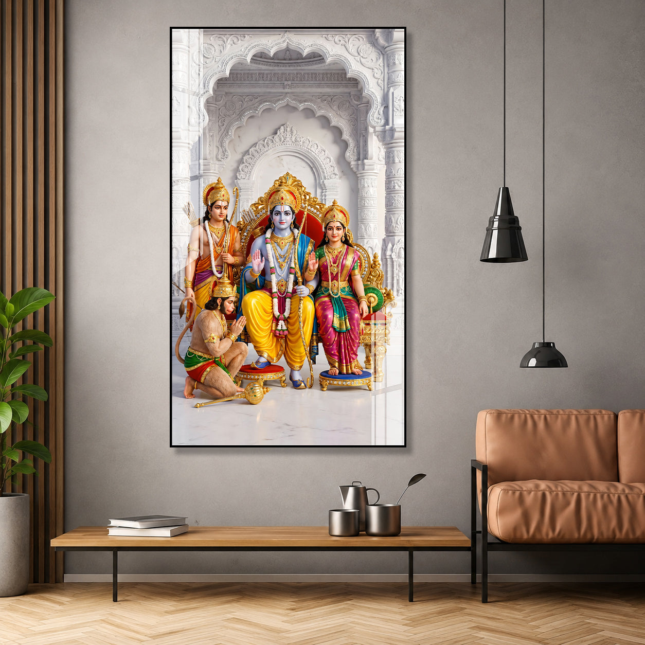 Lord Ram Darbar with Sita Lakshman Hanuman Premium Acrylic Painting Spiritual Wall Decor for Living Room