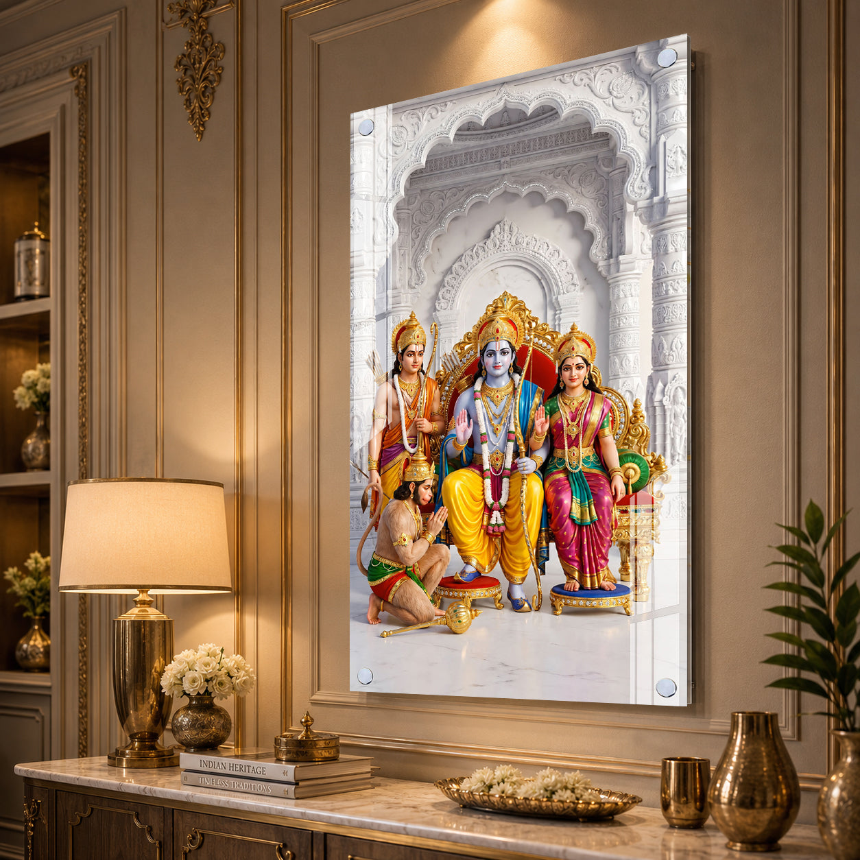 Lord Ram Darbar with Sita Lakshman Hanuman Premium Acrylic Painting Spiritual Wall Decor for Living Room