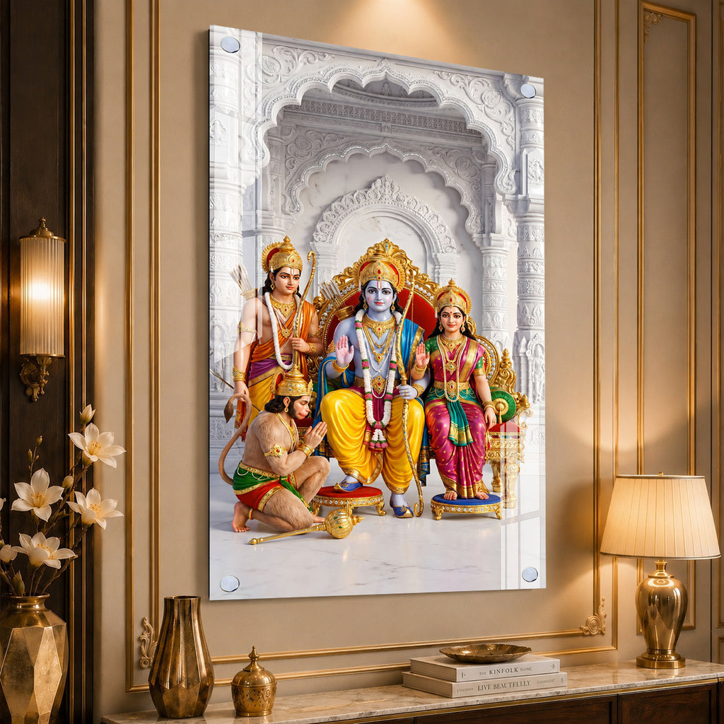Lord Ram Darbar with Sita Lakshman Hanuman Premium Acrylic Painting Spiritual Wall Decor for Living Room