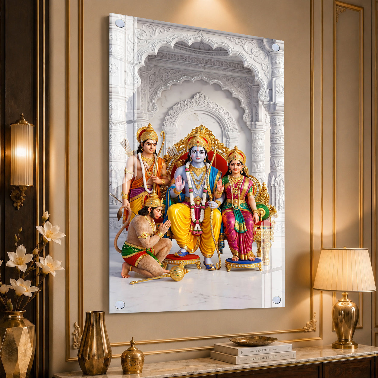 Lord Ram Darbar with Sita Lakshman Hanuman Premium Acrylic Painting Spiritual Wall Decor for Living Room