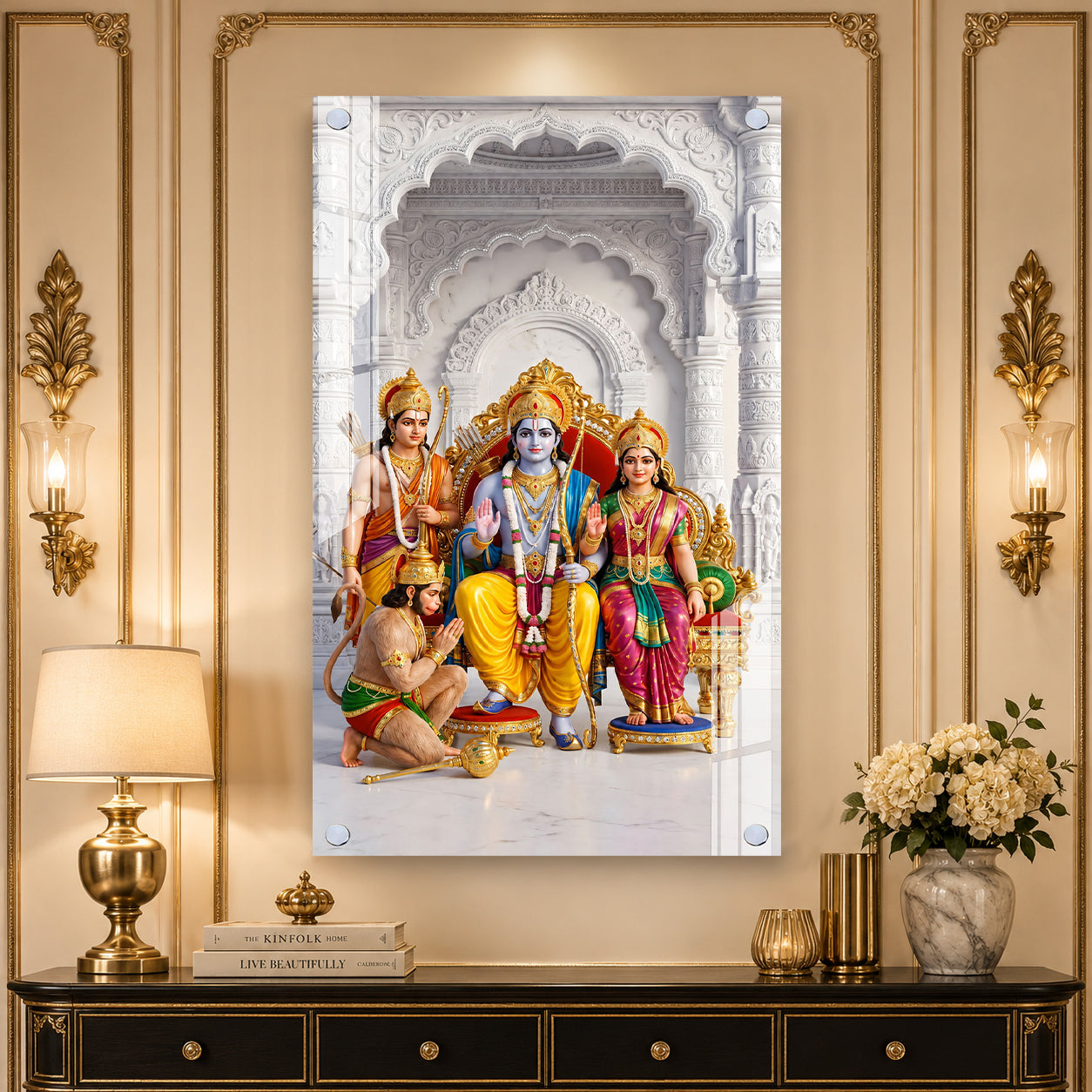 Lord Ram Darbar with Sita Lakshman Hanuman Premium Acrylic Painting Spiritual Wall Decor for Living Room