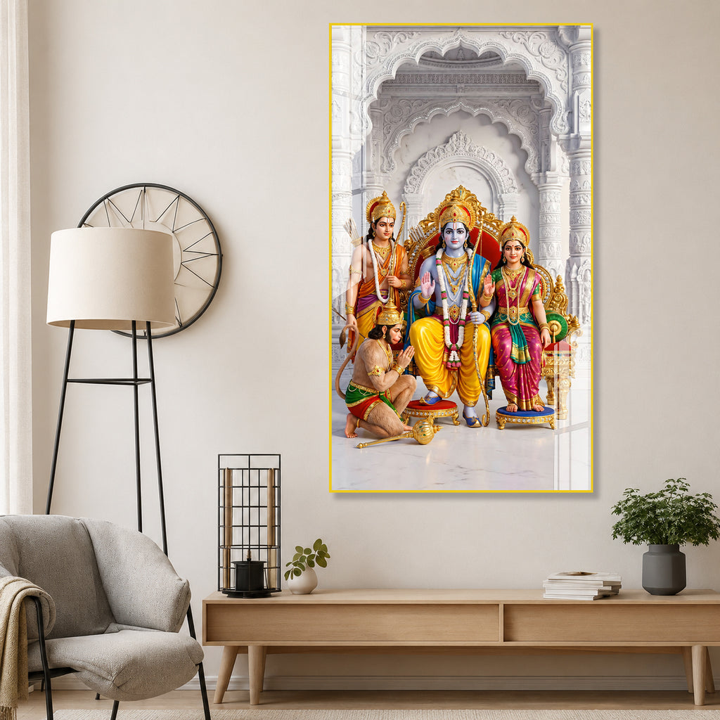 Lord Ram Darbar with Sita Lakshman Hanuman Premium Acrylic Painting Spiritual Wall Decor for Living Room