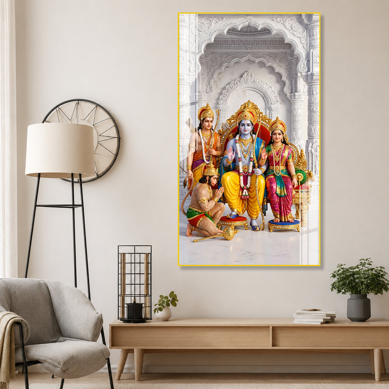 Lord Ram Darbar with Sita Lakshman Hanuman Premium Acrylic Painting Spiritual Wall Decor for Living Room