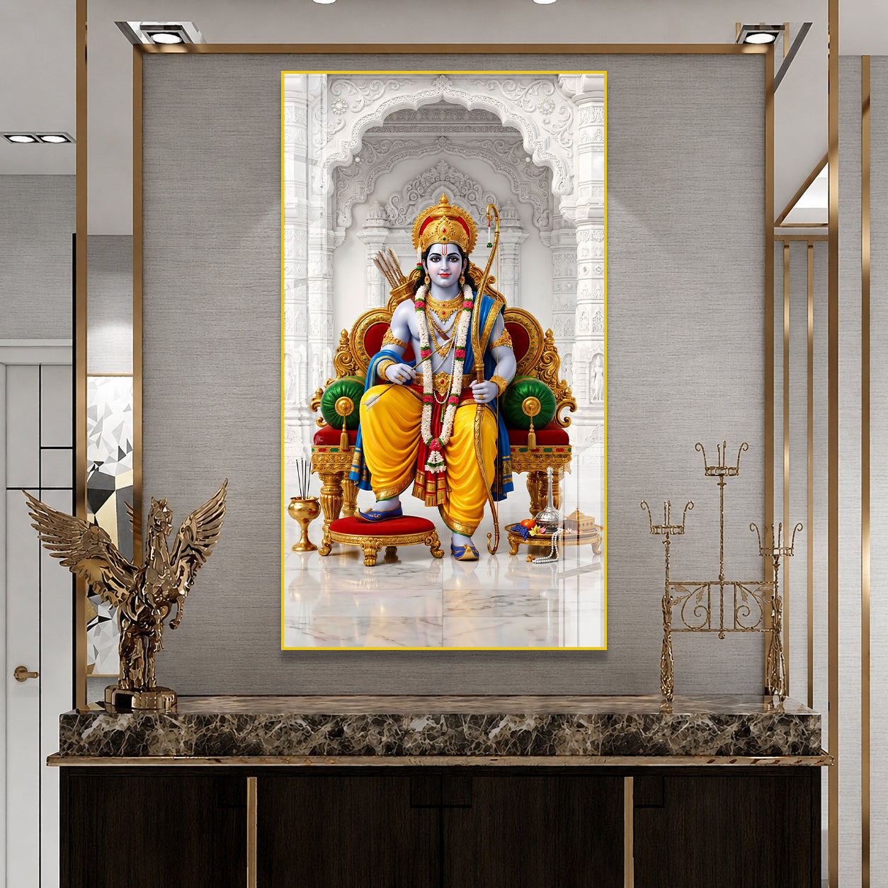 Shri Ram Darbar Religious Acrylic Wall Painting with Hanuman High Definition Hindu Spiritual Artwork for Home