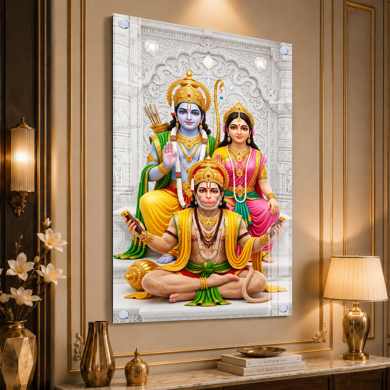 Ram Darbar with Hanuman Premium Acrylic Glass Painting Religious Wall Decor for Home Temple