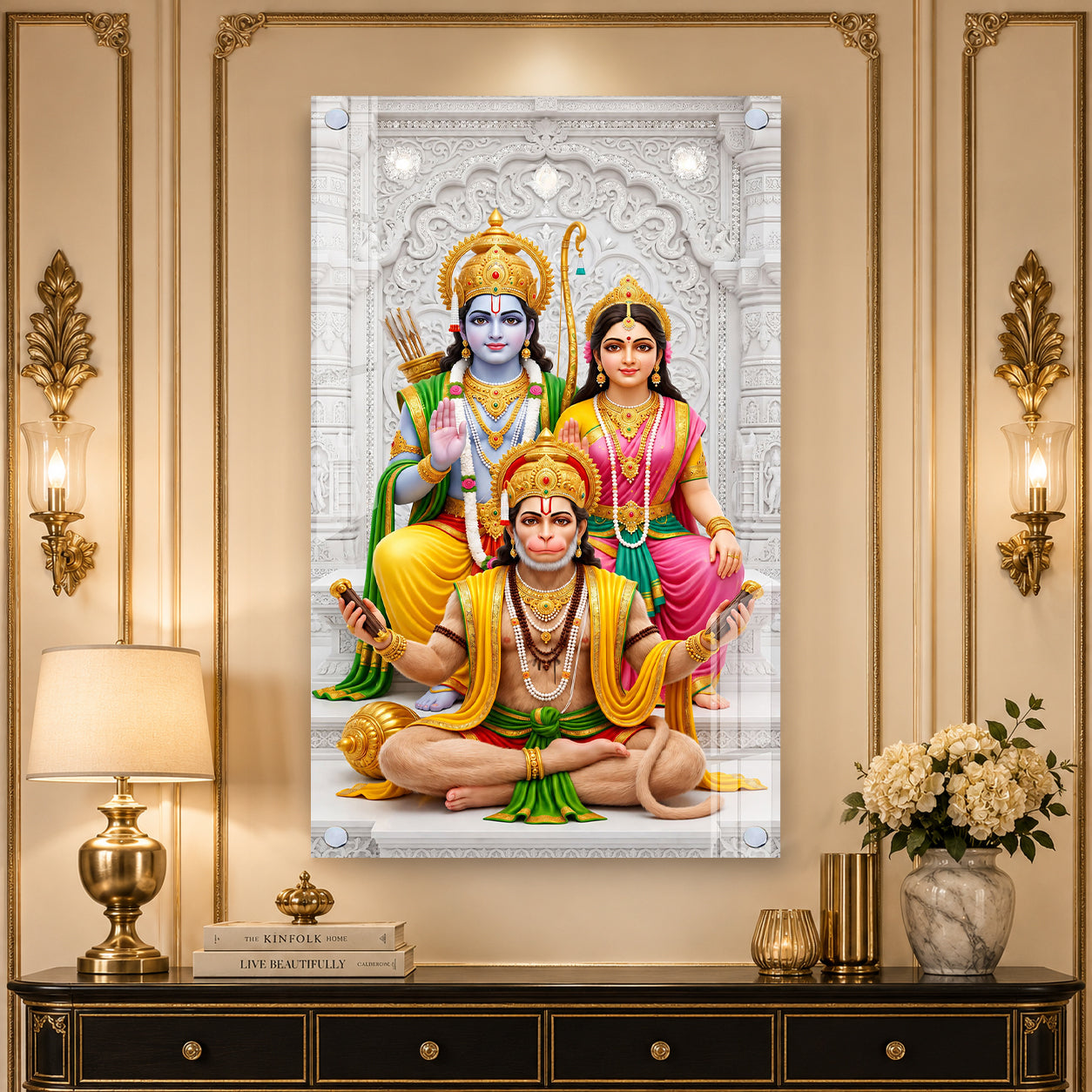 Ram Darbar with Hanuman Premium Acrylic Glass Painting Religious Wall Decor for Home Temple
