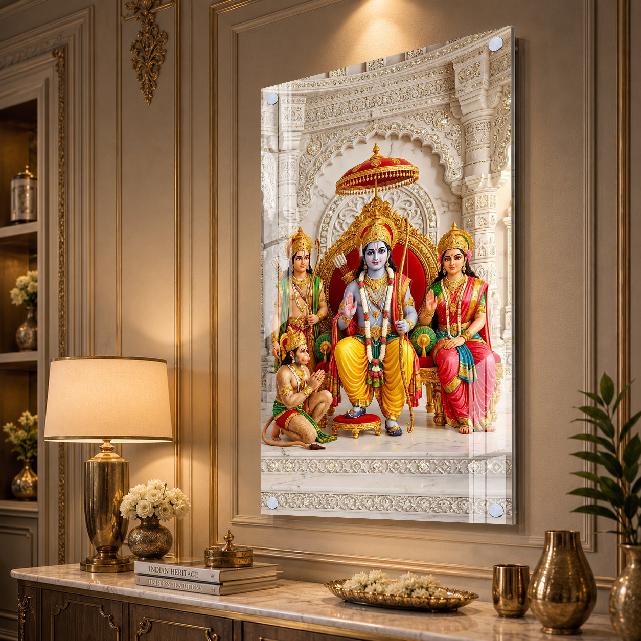 Elegant Shri Ram Darbar Acrylic Wall Art with Hanuman Religious Vastu Decor for Modern Home Interior